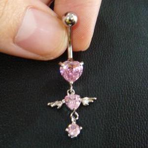 14g 3/8 Heart Love Cupid Cz Belly Button Navel..