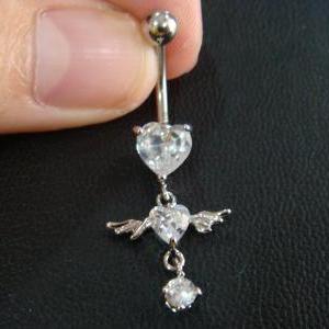 14g 3/8 Heart Love Cupid Cz Belly Button Navel..