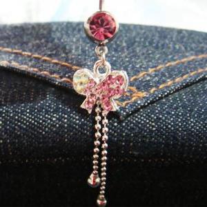 Pink Bling Dangle Bow Crystal Gem Belly Button..