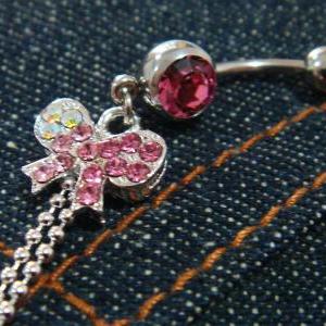 Pink Bling Dangle Bow Crystal Gem Belly Button..