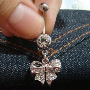 Bling Dangle Bow Crystal Gem Belly Button Navel..