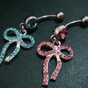 14g Bling Dangle Bow Crystal Gem Belly Button..