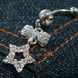 14g Bling Dangle Bow Star Crystal Gem Belly Button..