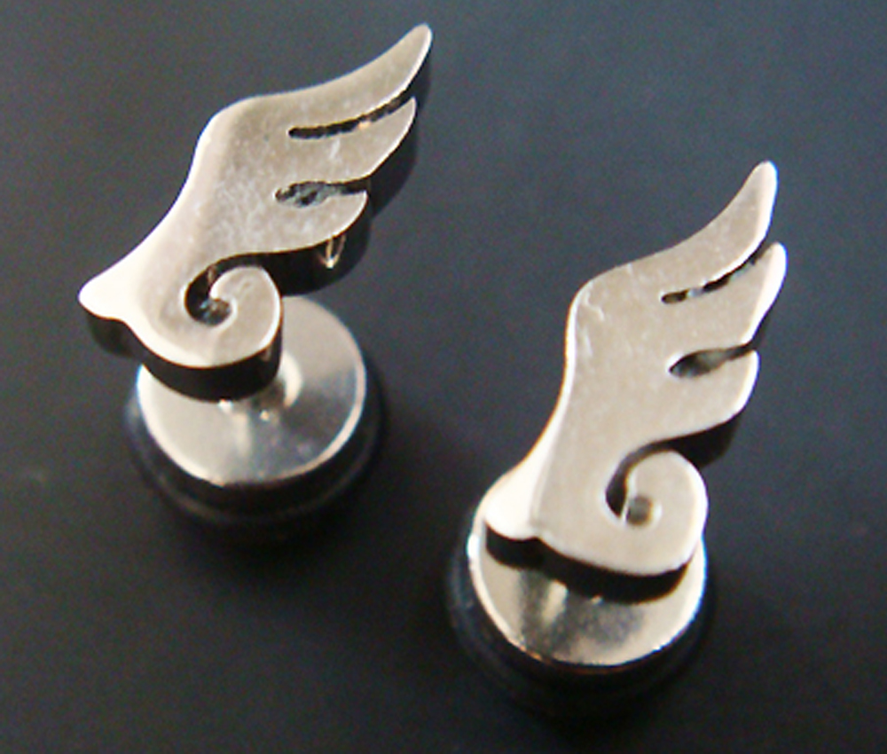 16g Pair Wing Steel Fake Ear Plugs Ring Earlets Earrings Body Piercing Lobe