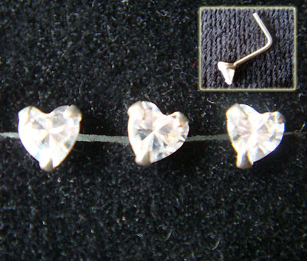 Lot 3 Cz Heart Love Tiny Nose Stud Bone Rings Ring Silver Bar Body Piercing Jewelry